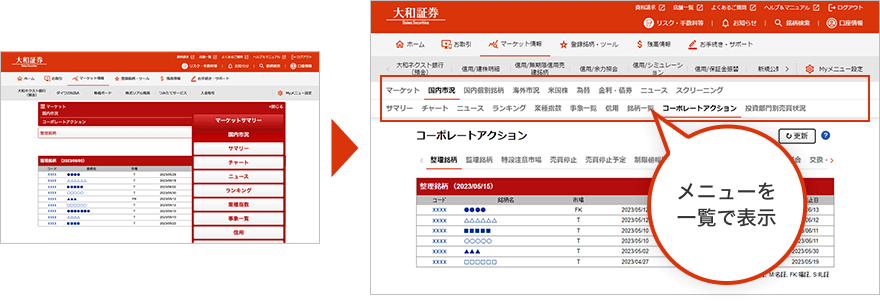 メニューを一覧で表示