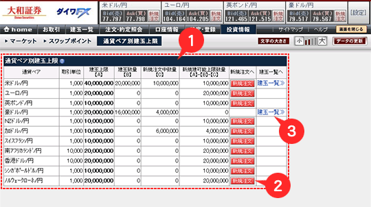 投資情報／通貨ペア別建玉上限