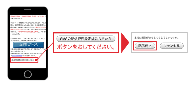 SMSの配信拒否設定はこちらから ボタンをおしてください。