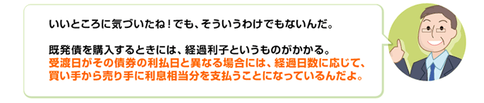 いいところに気づいたね！でも、そういうわけでもないんだ。既発債を購入するときには、経過利子というものがかかる。受渡日がその債券の利払日と異なる場合には、経過日数に応じて、買い手から売り手に利息相当分を支払うことになっているんだよ。