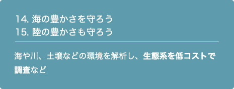 14. 海の豊かさを守ろう 15. 陸の豊かさも守ろう 海や川、土壌などの環境を解析し、生態系を低コストで調査など