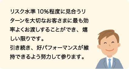 リスク水準10％程度に見合うリターンを大切なお客さまに最も効率よくお渡しすることができ、嬉しい限りです。引き続き、好パフォーマンスが維持できるよう努力して参ります。