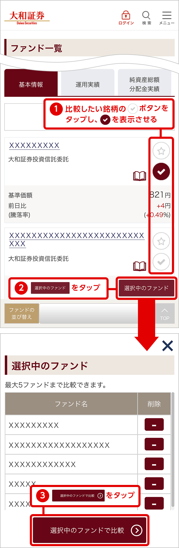 1.比較したい銘柄のチェックボタンをタップし、チェックをを表示させる 2.比較するをタップ