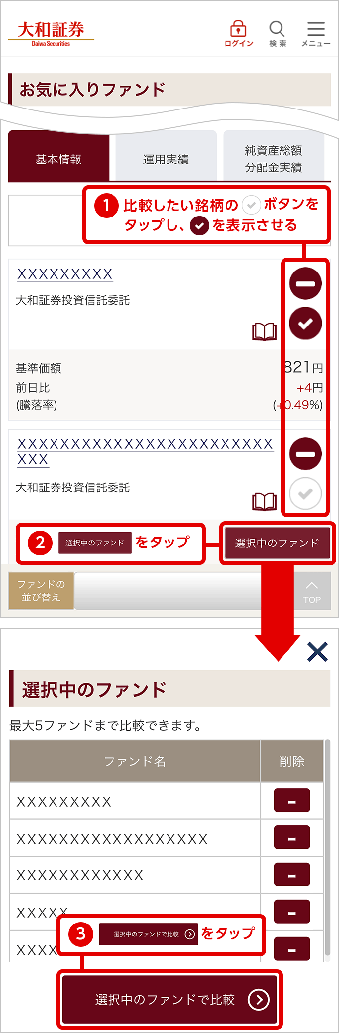 1.比較したい銘柄のチェックボタンをタップし、チェックをを表示させる 2.比較するをタップ