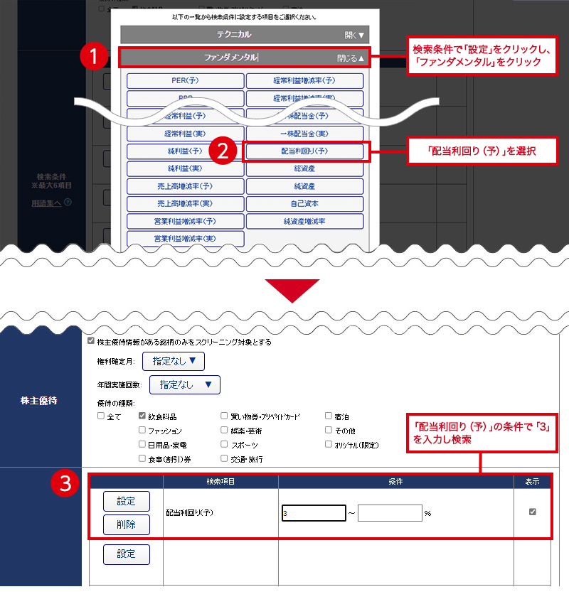 1.検索結果で「設定」をクリックし、「ファンダメンタル」をクリック 2.「配当利回り（予）」を選択 3.配当利回り（予）の条件で、「3」を入力し検索