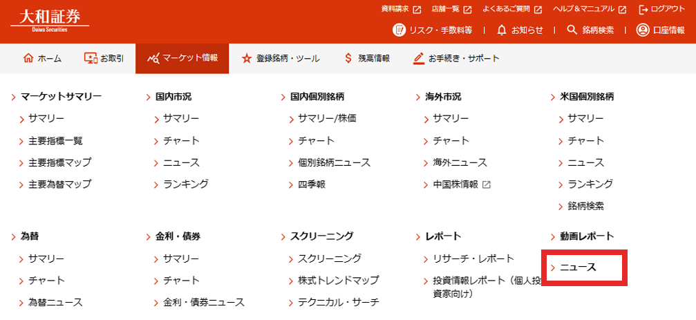 マーケット情報の「ニュース」をクリック