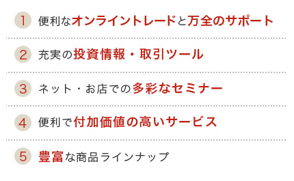 1.便利なオンライントレードと万全のサポート 2.充実の投資情報・取引ツール 3.ネット・お店での多彩なセミナー 4.便利で付加価値の高いサービス 5.豊富な商品ラインナップ