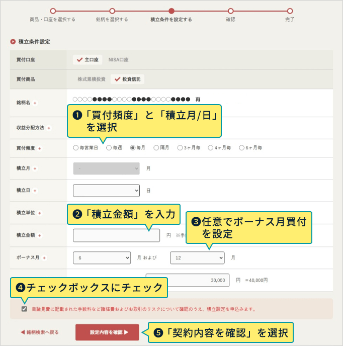 1：「買付頻度」と「積立月/日」を選択 2：「積立金額」を入力 3：任意でボーナス月買付を設定 4：チェックボックスにチェック 5：「契約内容を確認」を選択