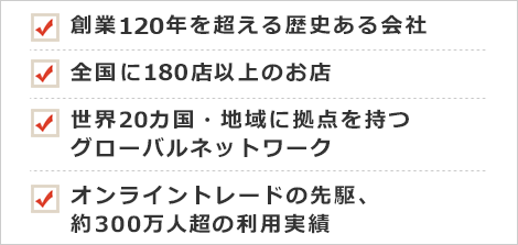 創業120年を超える歴史ある会社 全国に180店以上のお店 世界20カ国・地域に拠点を持つグローバルネットワーク オンライントレードの先駆、約300万人超の利用実績